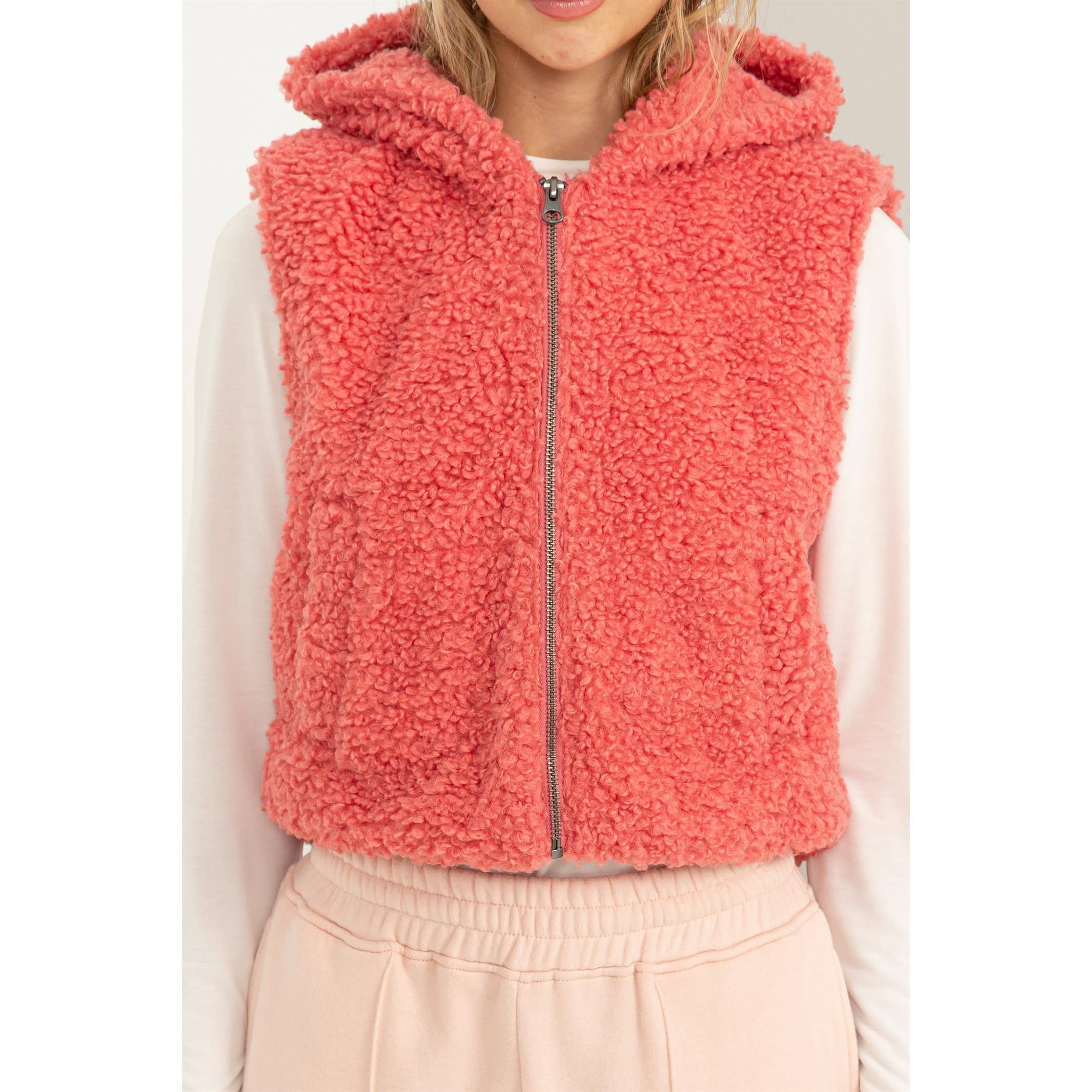 COMFORT CUTIE FLUFFY FULL ZIP CROPPED HOODED VEST