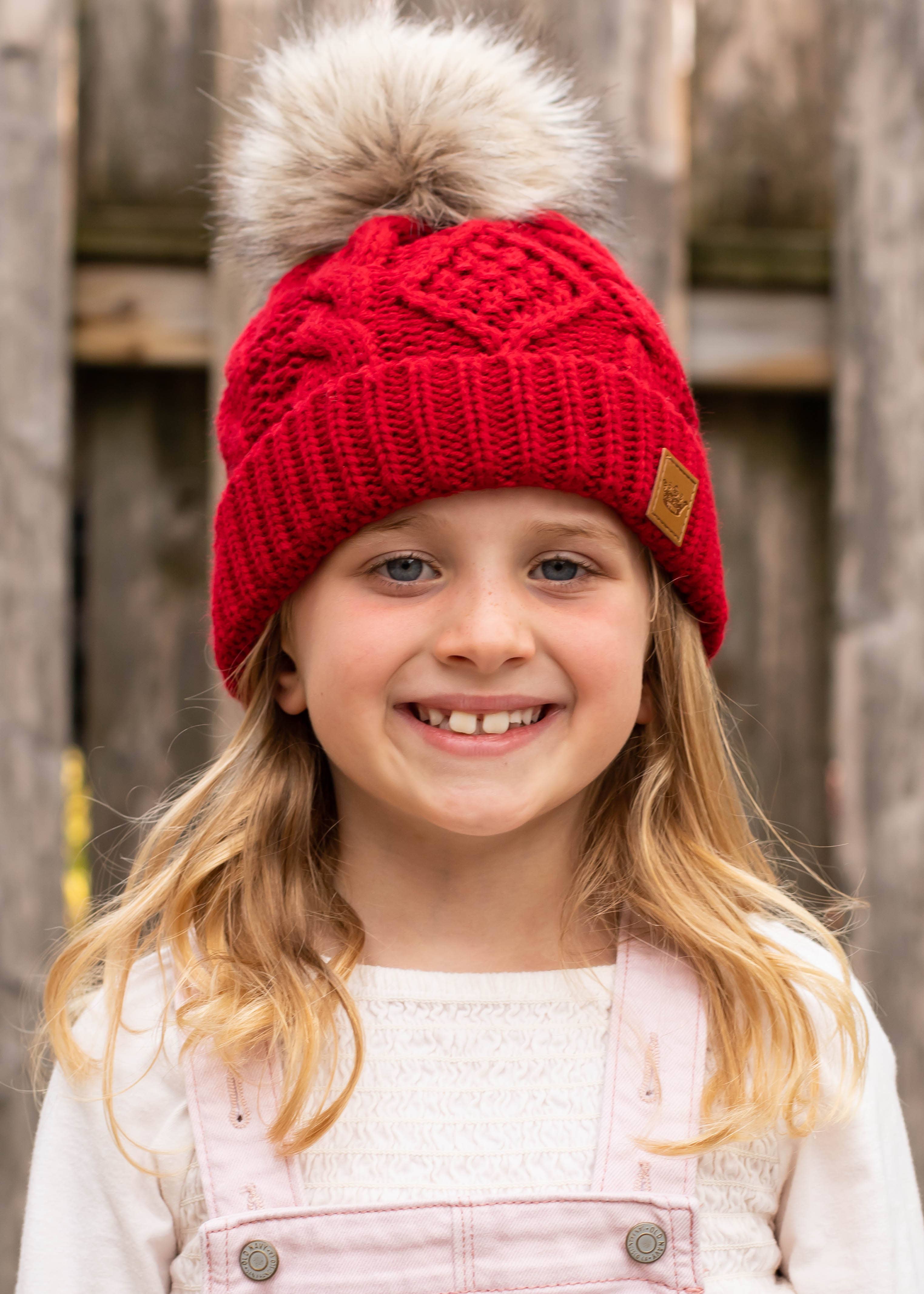 KIDS Red Cable Knit Pom Hat