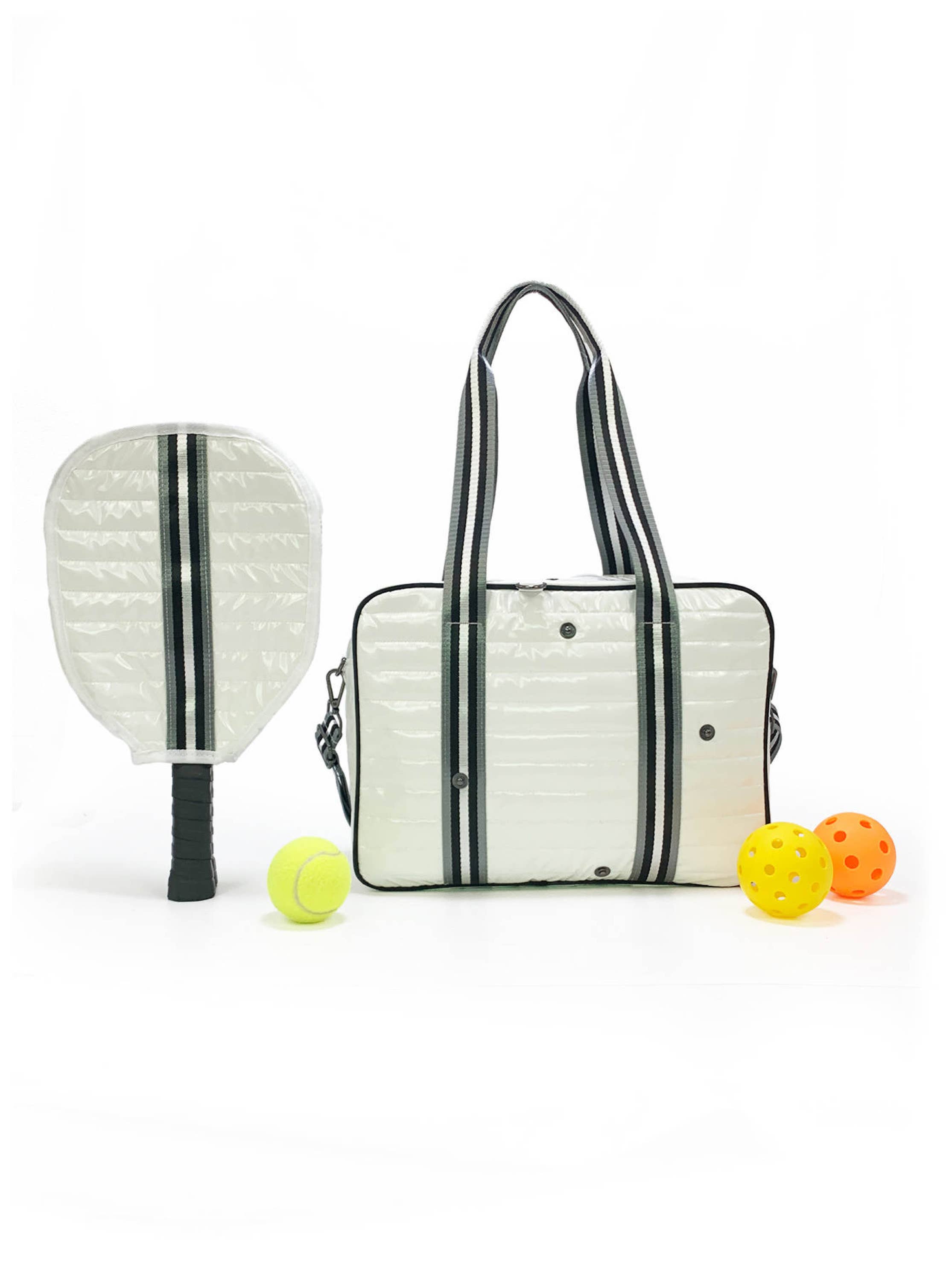 Puffer Pickle Ball tote White Patent w/black stripe small