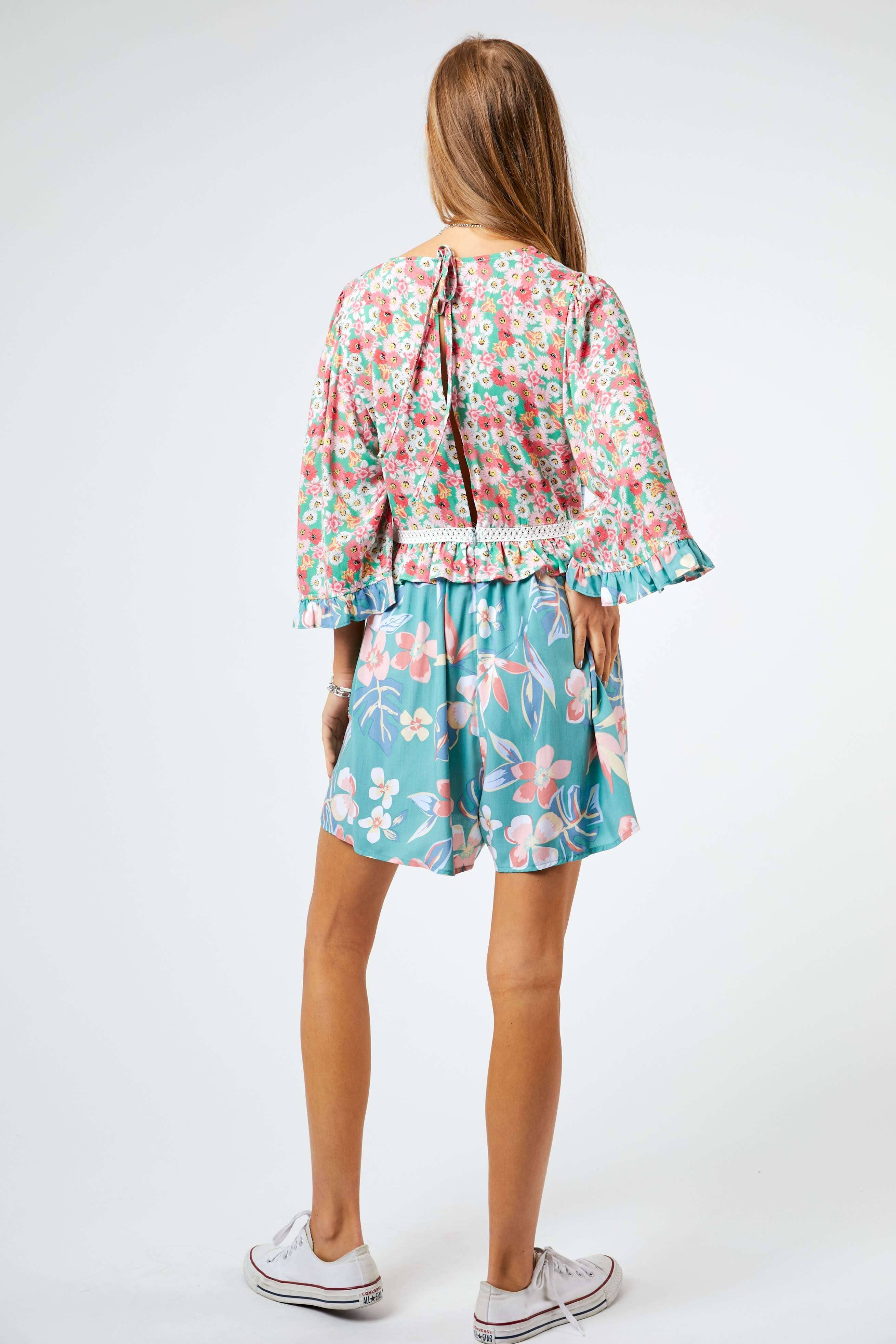 FLORAL PRINT TIE FRONT ROMPER