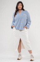 Striped Split Neck Back Button Knit Top - Size XL-3X