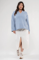 Striped Split Neck Back Button Knit Top - Size XL-3X