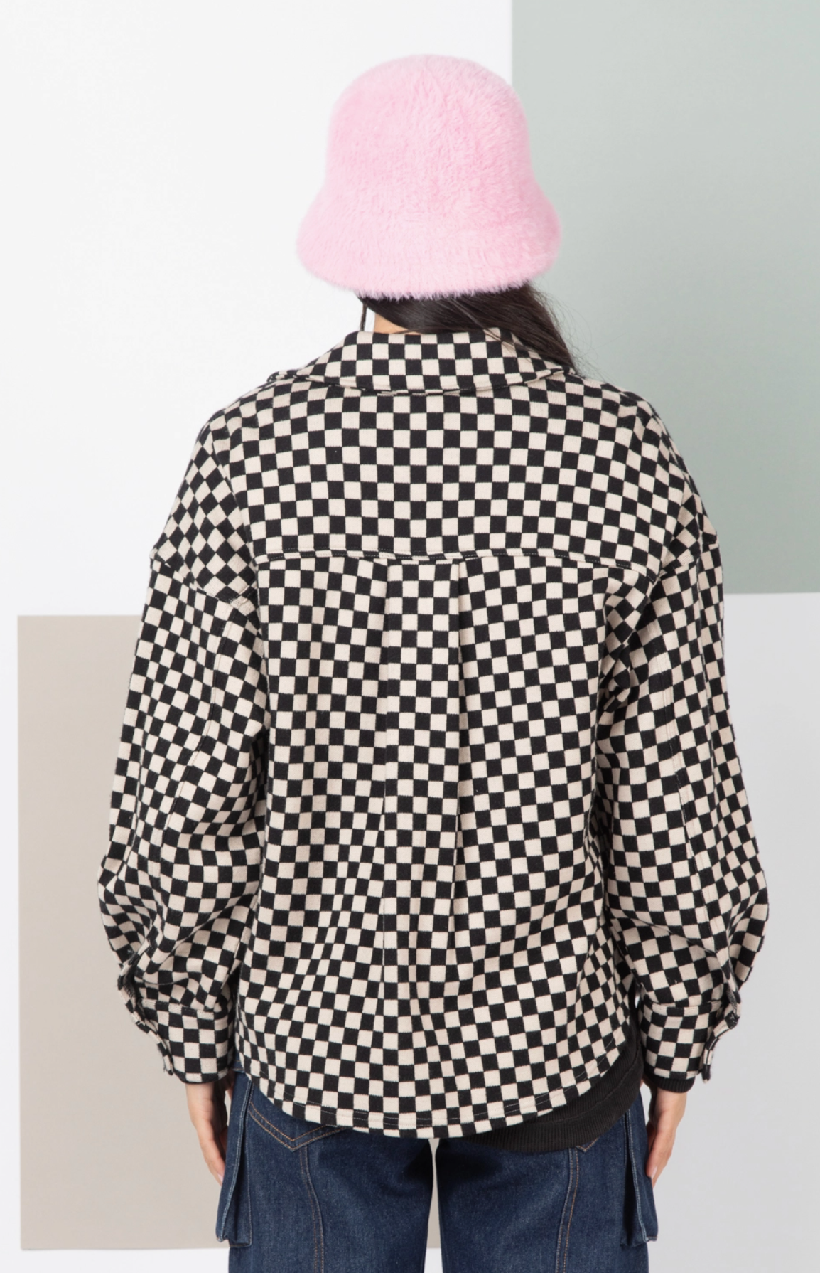 Button Down Checkered Shacket - Cream Checker