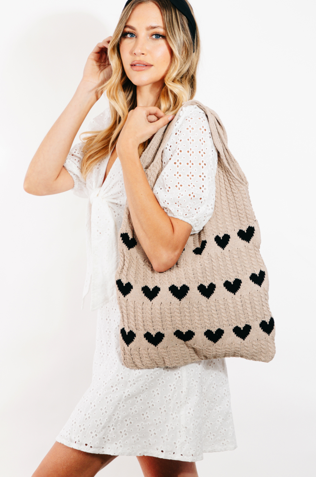Crochet Knit Hearts Tote Bag