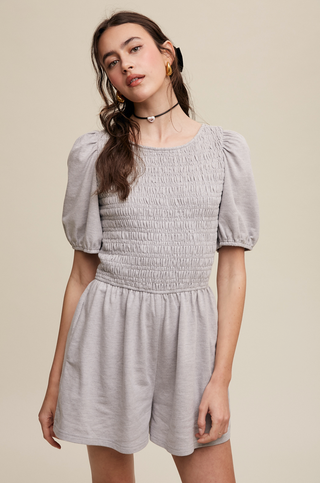 Smocked Puff Sleeve Vacation Knit Romper - Heather Grey