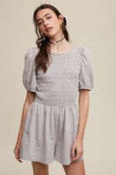Smocked Puff Sleeve Vacation Knit Romper - Heather Grey