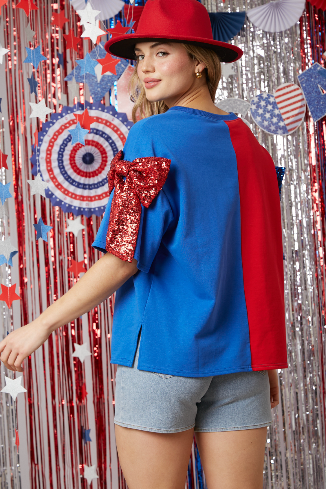 Fourth of July Sequin Ribbon Sleeve Top