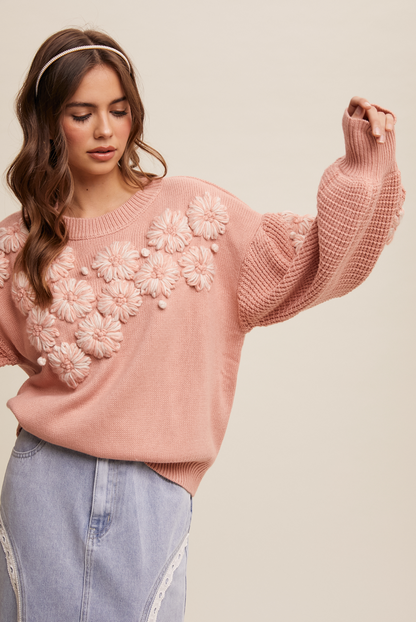 Hand Embroidered Flower Detail Knit Sweater