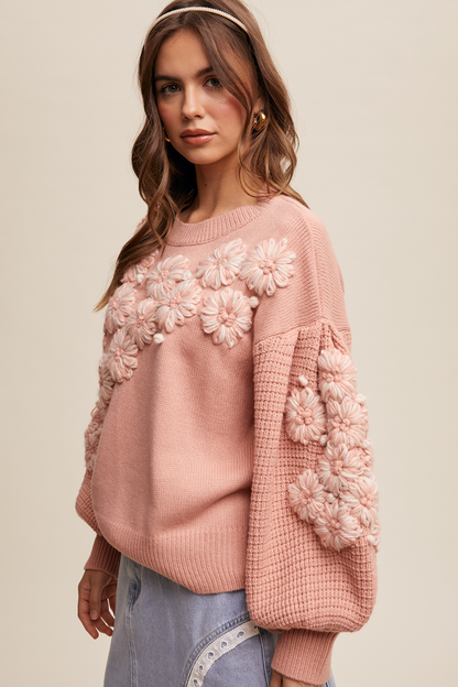 Hand Embroidered Flower Detail Knit Sweater