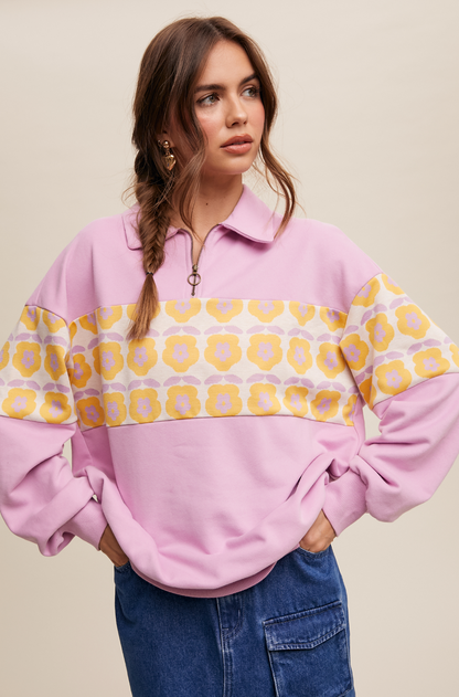 Flower Printed Half Zip Up Knit Top