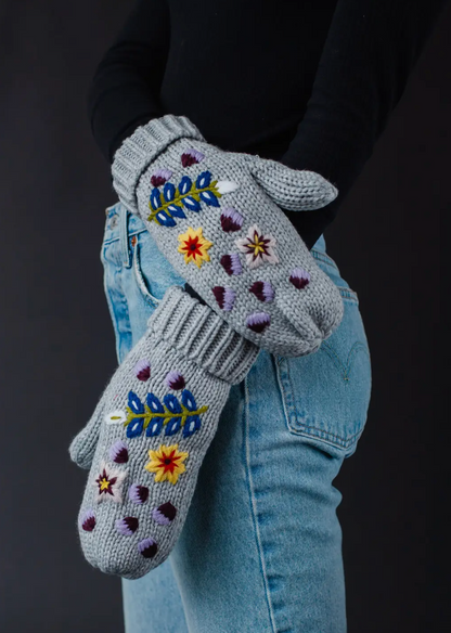 Grey Hand Stitched Floral Knit Mittens