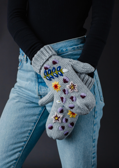 Grey Hand Stitched Floral Knit Mittens