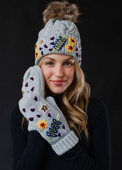 Grey Hand Stitched Floral Knit Mittens