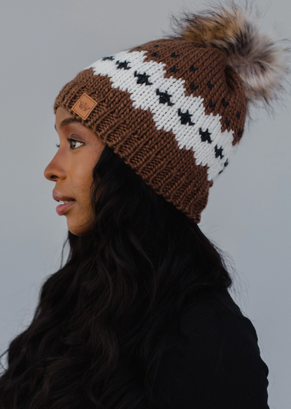 Light Brown Patterned Pom Hat