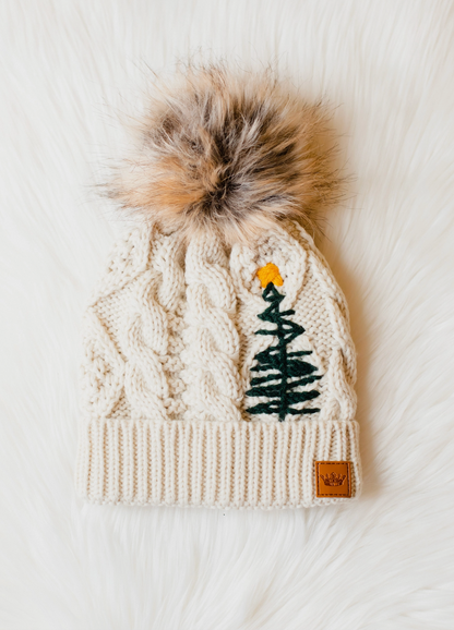 Beige Cable Knit Pom Hat w/ Embroidered Tree