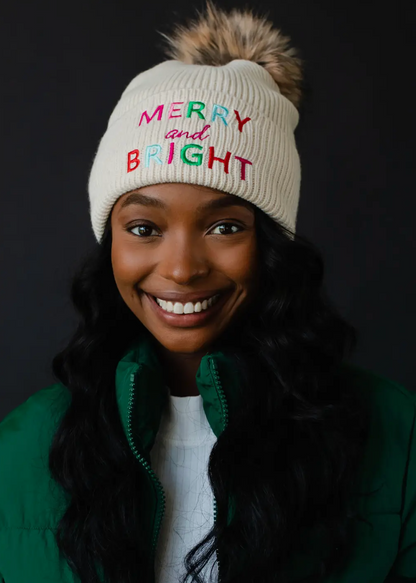 Beige Merry and Bright Knit Pom Beanie