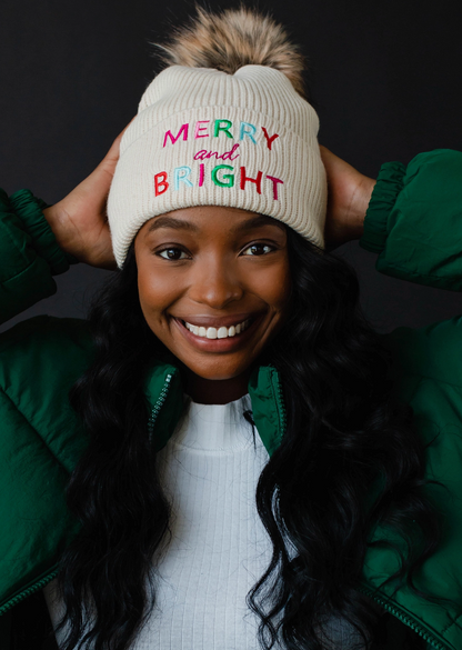 Beige Merry and Bright Knit Pom Beanie