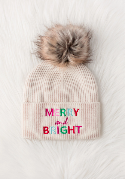 Beige Merry and Bright Knit Pom Beanie