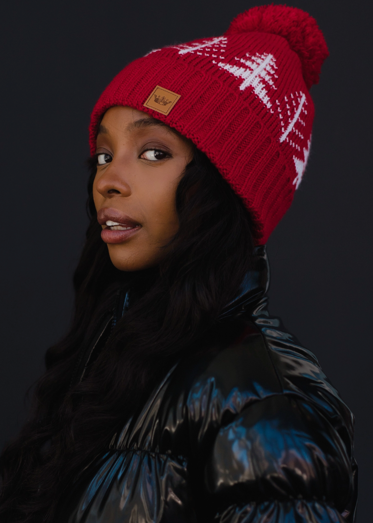 Red with White Trees Pom Beanie