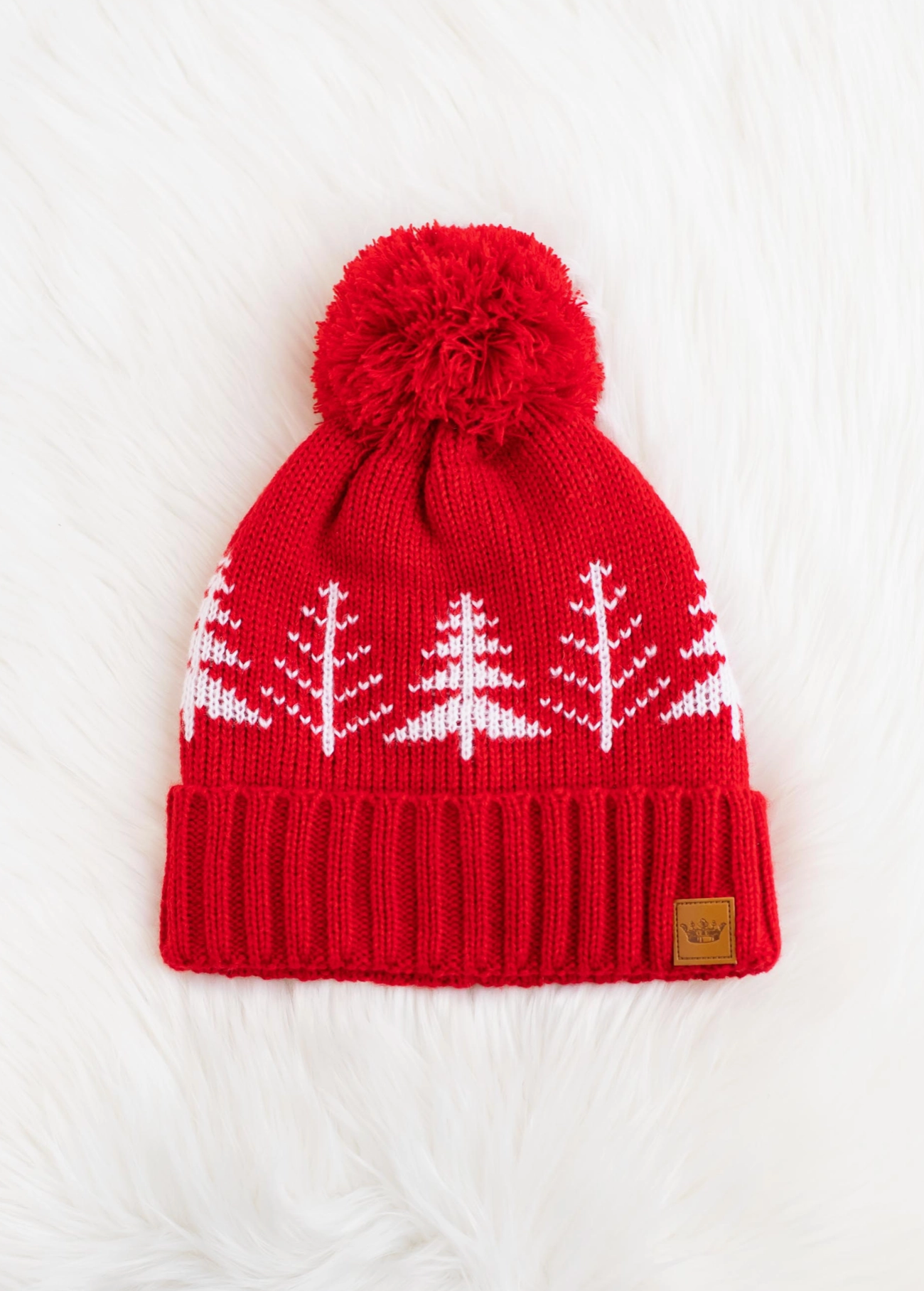 Red with White Trees Pom Beanie