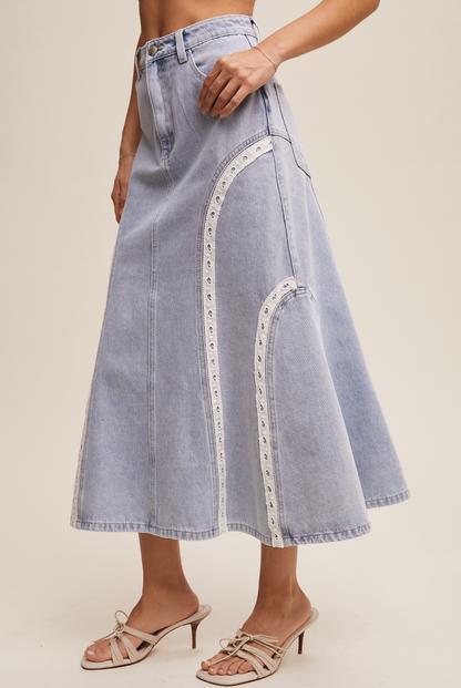 Lace Detail Mermaid Denim Maxi Skirt