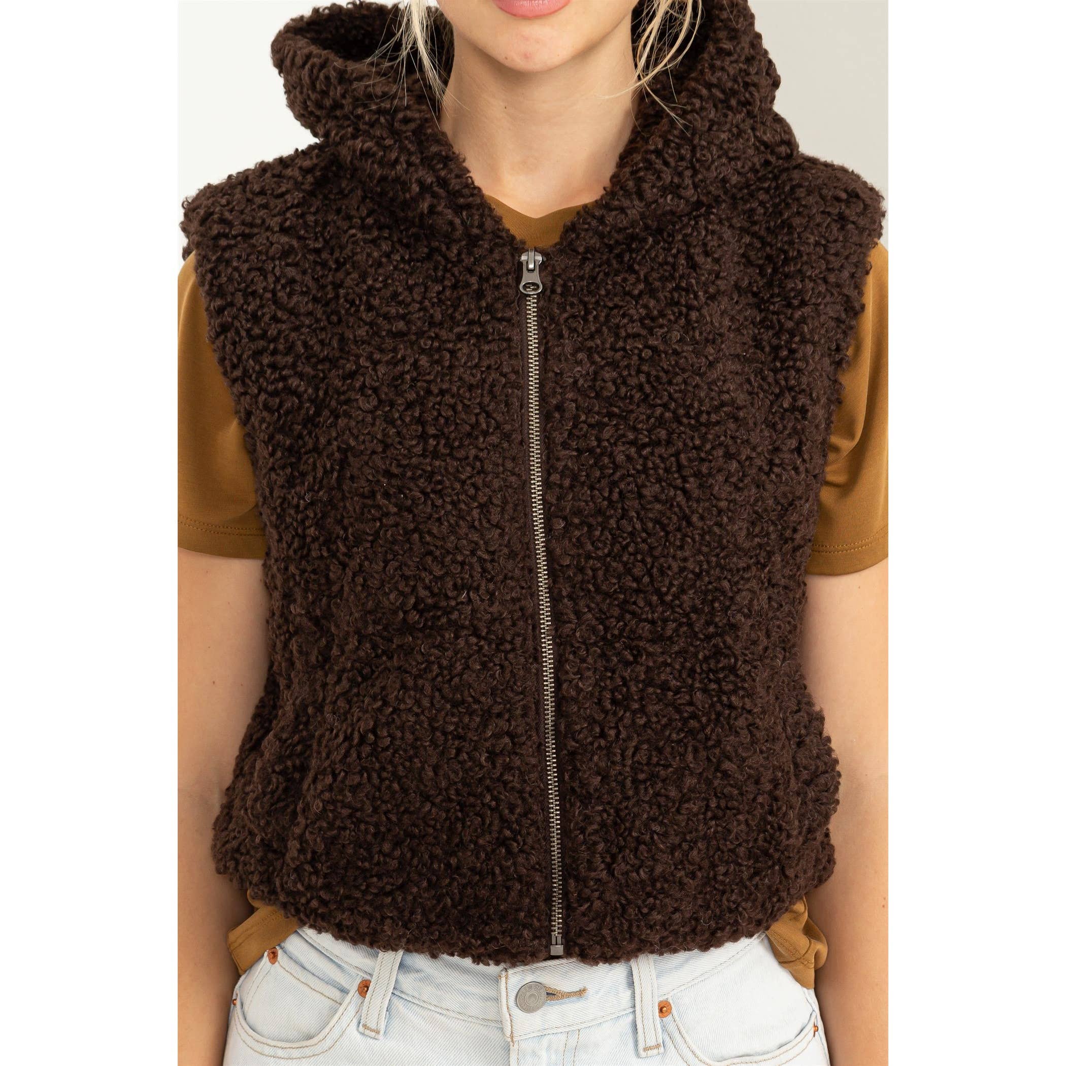 COMFORT CUTIE FLUFFY FULL ZIP CROPPED HOODED VEST