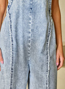 Light Wash Frayed Exposed Seam Wide Leg Denim Overall