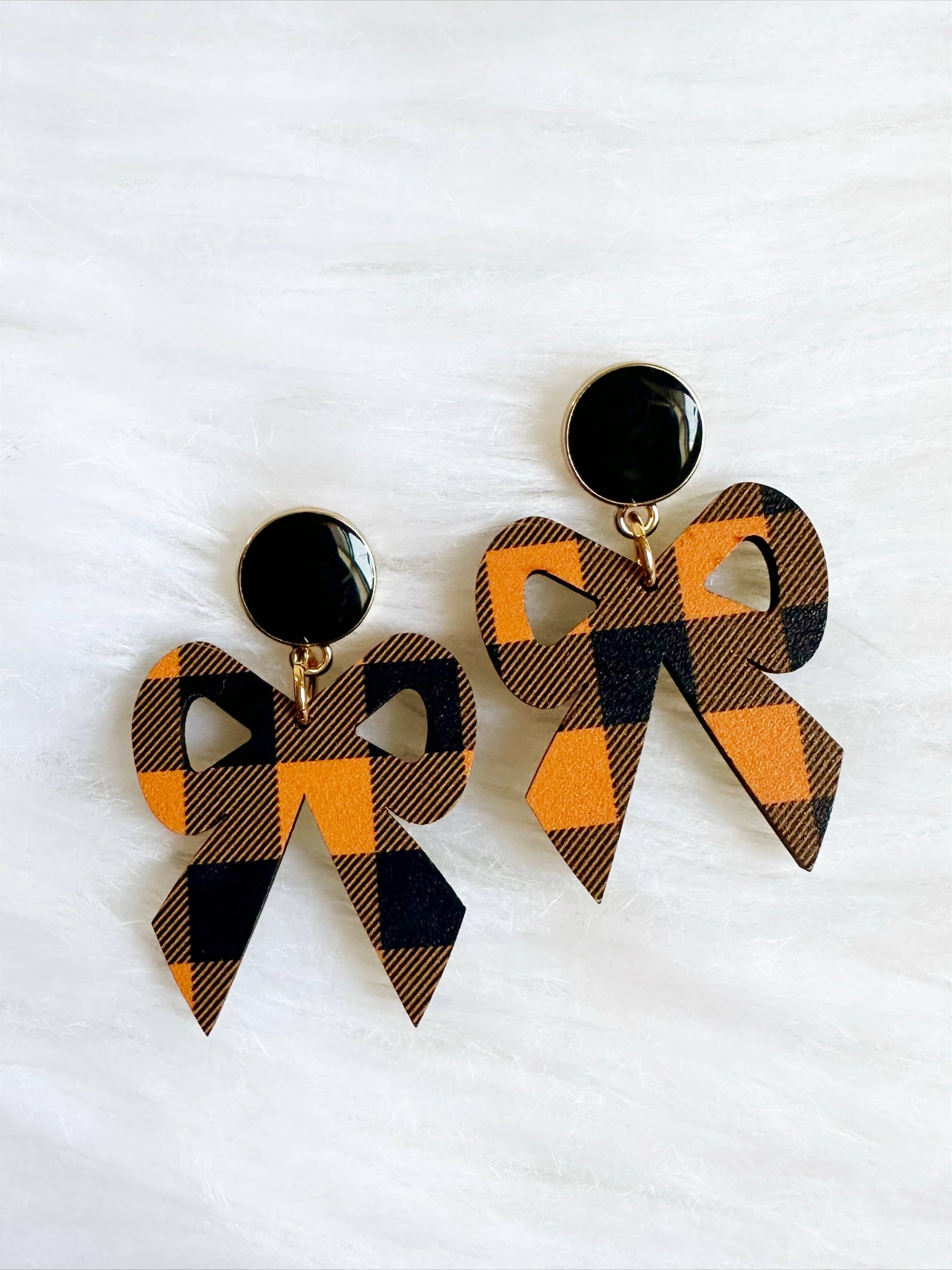 Small Black and Orange Gingham Bow Dangle