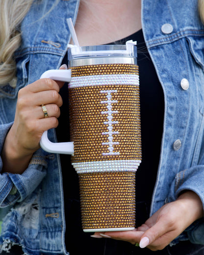 Brown Crystal Football "Blinged Out" 40 Oz. Tumbler